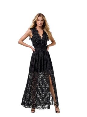 CIEBON SMALL Delicate black Lace slit front maxi dress
